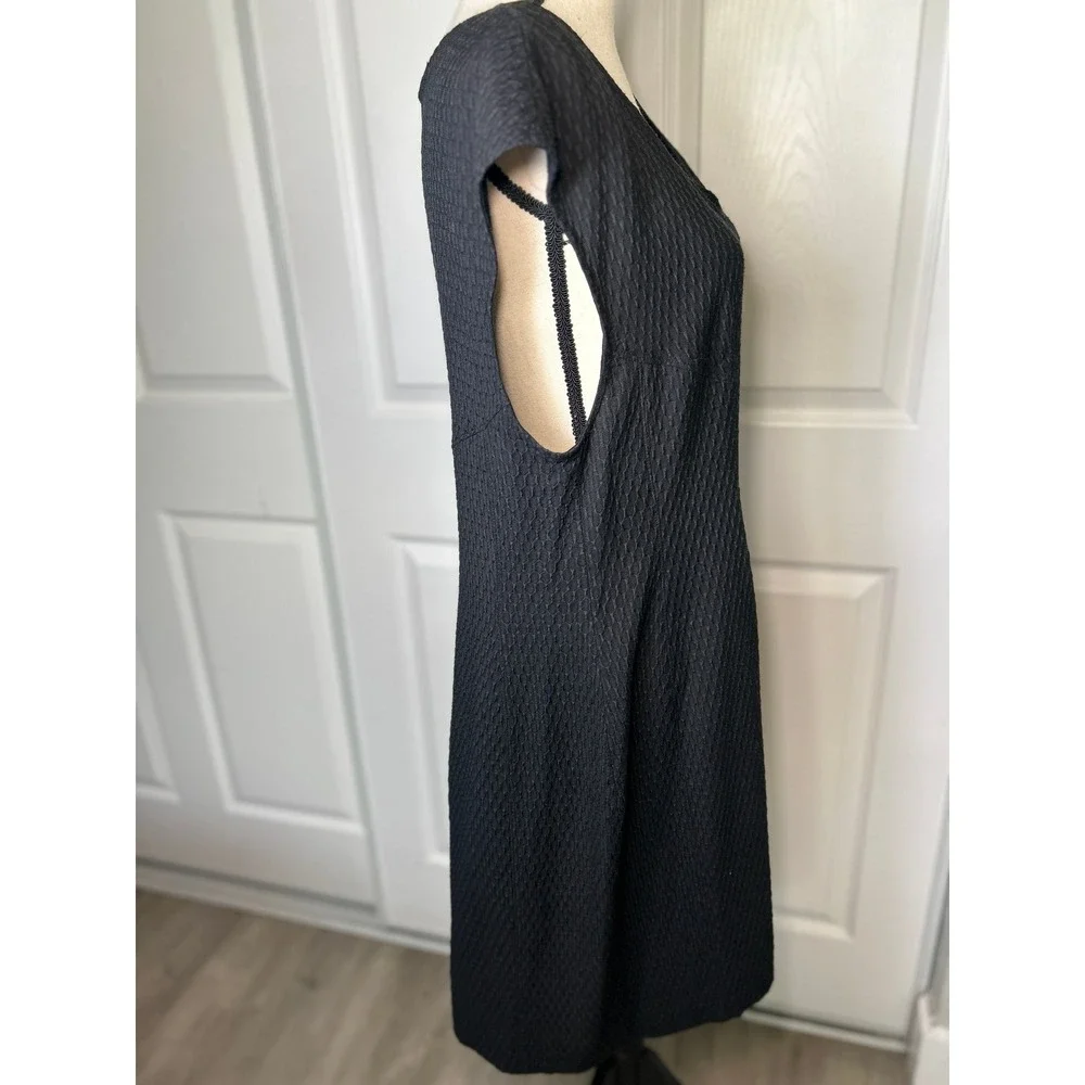 Josie Natori Sheath Dress Textured Jacquard XL Black V-Neck Cap Sleeve Zip Back